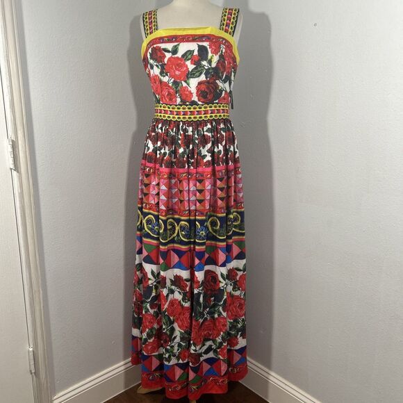 Lai Meng Five Cats Maxi‎ Dress Womens Large Red Abstract Beach Sleeveless - Picture 1 of 7